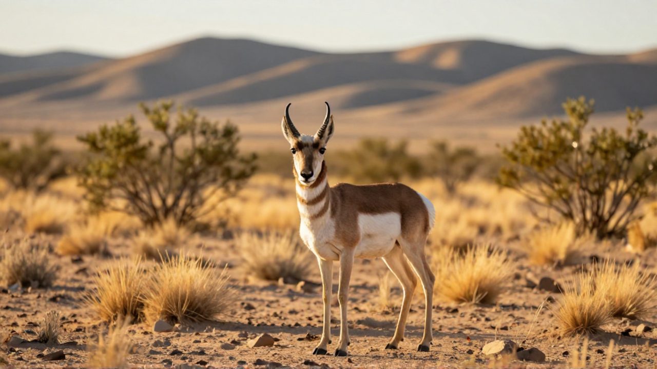 Un berrendo sonorense permanece alerta en medio de un paisaje desértico de arbustos y colinas bajo la luz del atardecer.