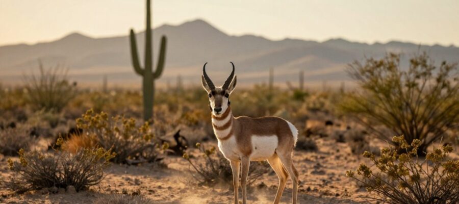 Un antílope berrendo alerta en el desierto de Sonora entre cactus saguaro y montañas bajo la luz del atardecer.