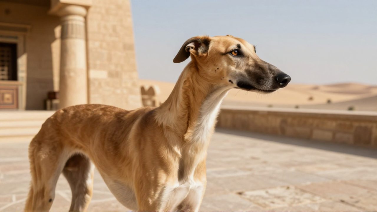Perro de complexión esbelta y orejas erguidas, similar a un Saluki, parado sobre una terraza de piedra con arquitectura egipcia al fondo.