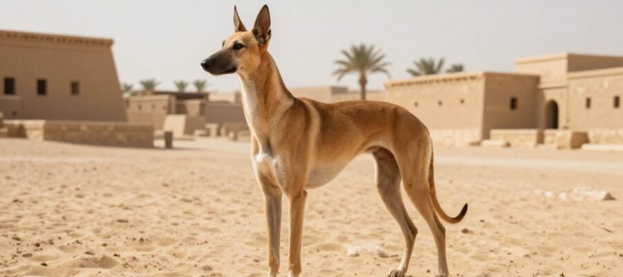 Un perro de tipo lebrel, similar a un Tesem egipcio, observa el horizonte en un asentamiento de piedra y arena bajo el sol del desierto.