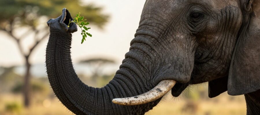 Primer plano de la trompa de un elefante africano sujetando una hoja verde de acacia en la sabana.