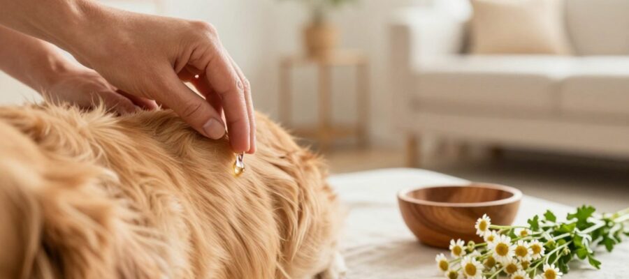 Unas manos aplican una gota de aceite de coco sobre el pelaje de un perro golden retriever para aliviar su piel en un entorno hogareño.