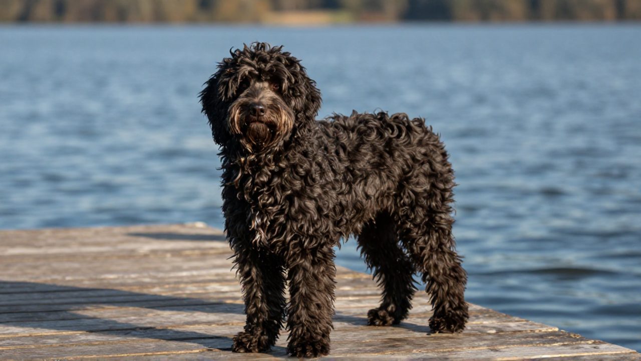Perro de agua portugués de pelaje oscuro y rizado con gotas de agua sobre su cuerpo, de pie en un muelle de madera junto a un lago.