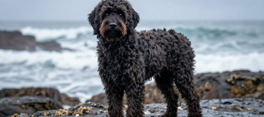 Perro de agua portugués con pelaje rizado y húmedo parado frente a las olas de una costa rocosa y neblinosa.