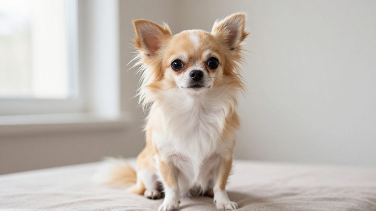 Chihuahua de pelo largo con proporciones saludables y cabeza redondeada, sentado sobre una superficie neutra.