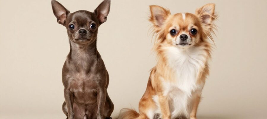 Dos perros chihuahua, uno de pelo corto y otro de pelo largo, sentados uno al lado del otro sobre un fondo neutro.