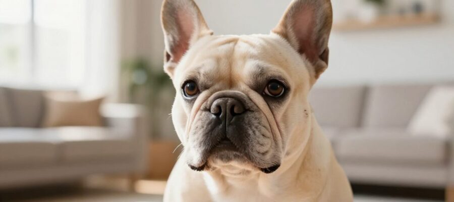 Primer plano de un bulldog francés con rasgos faciales marcados, sentado tranquilamente en una sala de estar iluminada por el sol.