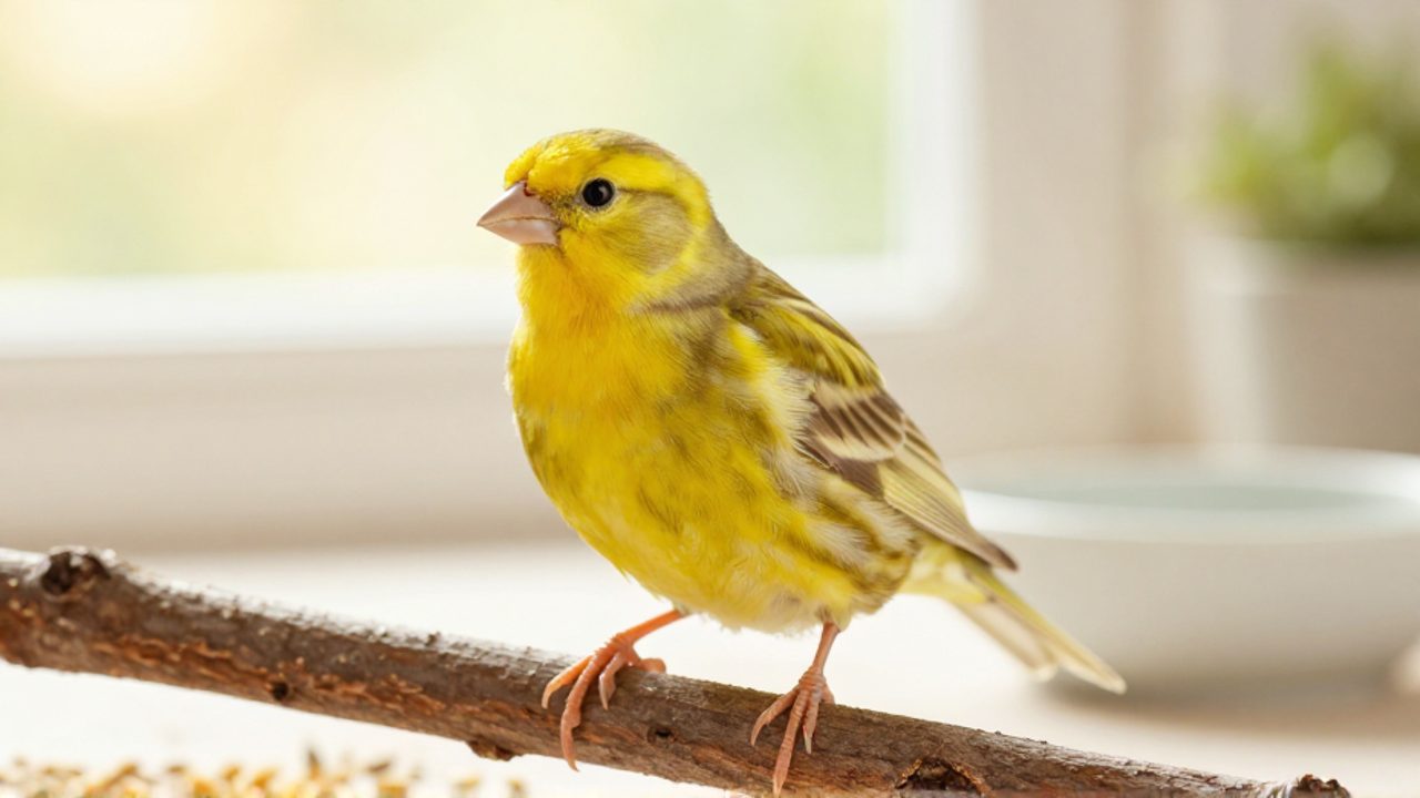 Canario de color amarillo vibrante posado sobre una rama de madera en un entorno doméstico luminoso.