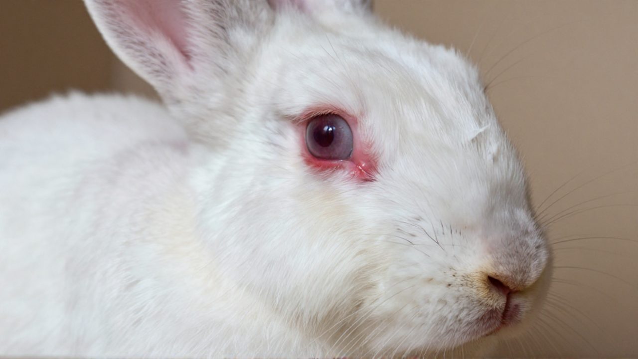 Primer plano del ojo de un conejo con la conjuntiva irritada y enrojecida.