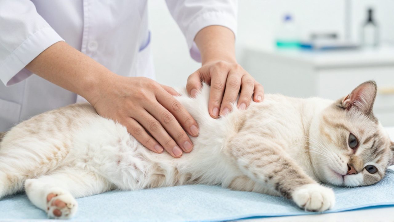 Manos de un veterinario realizando una palpación abdominal suave en la zona pélvica de un gato que descansa sobre una toalla médica.