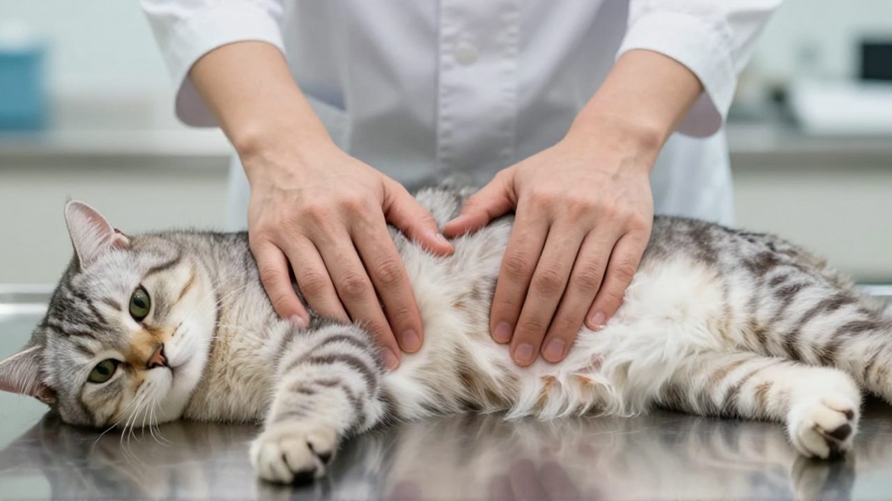 Manos de un veterinario realizando una palpación abdominal suave en la zona pélvica de un gato sobre una mesa de exploración clínica.