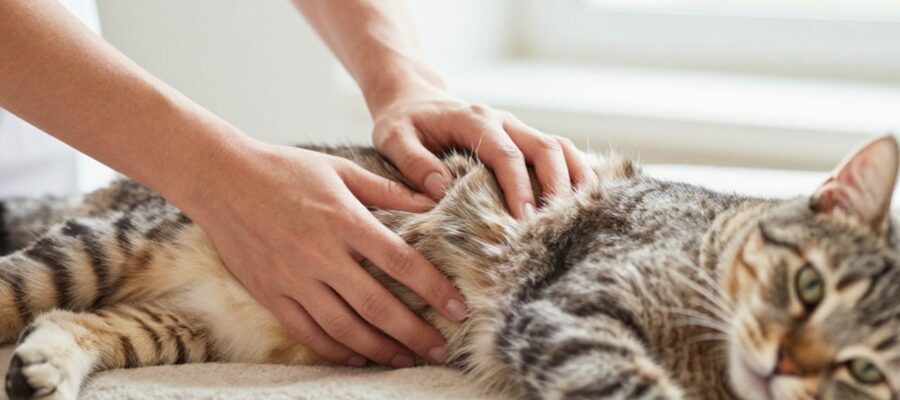 Manos realizando una palpación suave en la zona del abdomen inferior de un gato que yace sobre una manta.