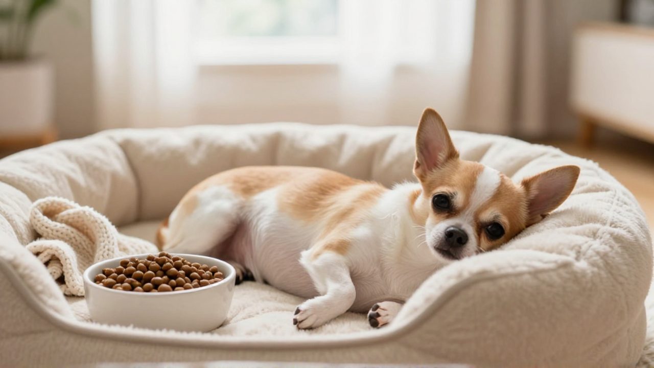 Una chihuahua embarazada descansa sobre una cama ortopédica junto a un cuenco de comida y una manta suave en un ambiente acogedor.