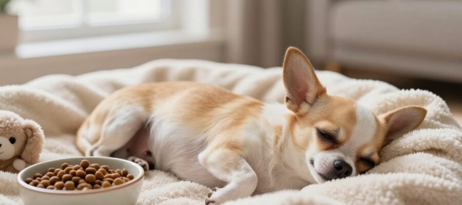 Perra chihuahua embarazada descansando sobre una manta suave en una sala iluminada por el sol.