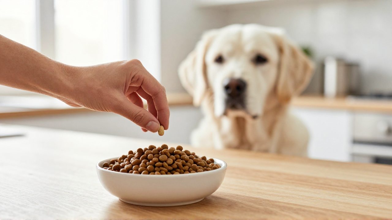Una mano coloca una pastilla junto al cuenco de comida de un perro, con el animal esperando al fondo.