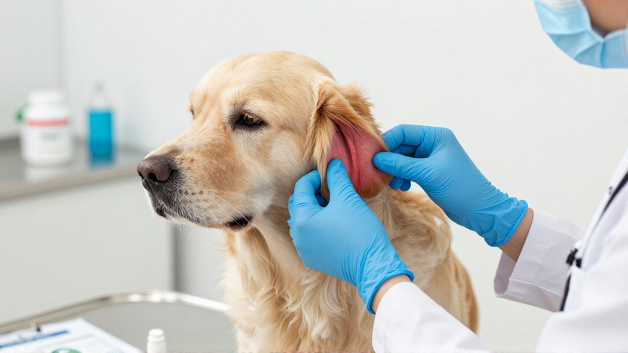 Un veterinario con guantes azules examina el oído de un perro golden retriever en una clínica para detectar irritaciones.