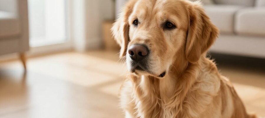 Un perro Golden Retriever sentado tranquilamente en una sala junto a un cuenco con comida seca.