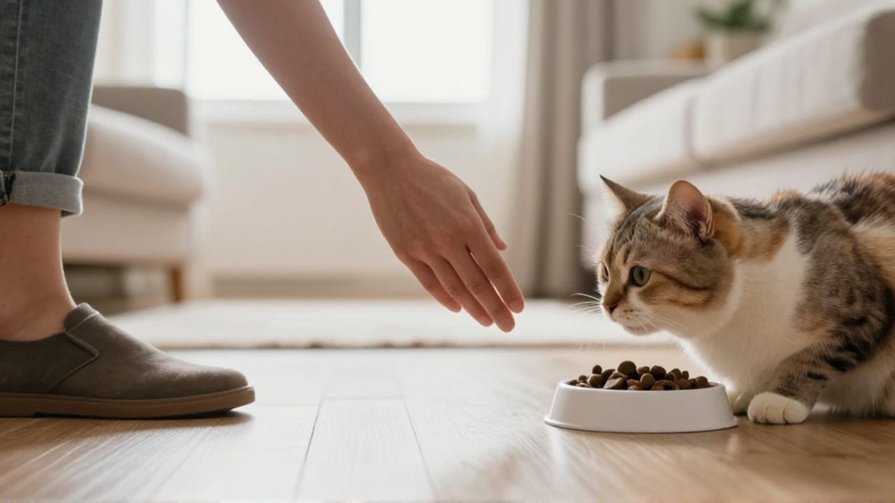 Un zapato toca el suelo cerca de un área de alimentación de un gato, ilustrando la posible transmisión indirecta del virus por parte de los humanos.