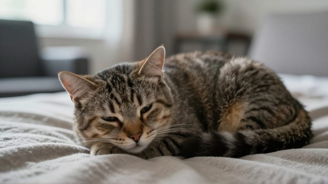 Gato doméstico postrado y decaído sobre una manta en una sala de estar, mostrando signos de debilidad física.