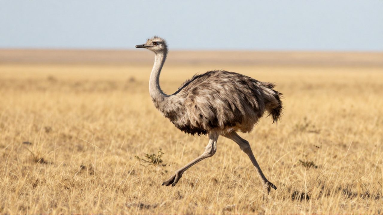 Un ñandú corre velozmente por las llanuras doradas de la pampa sudamericana.