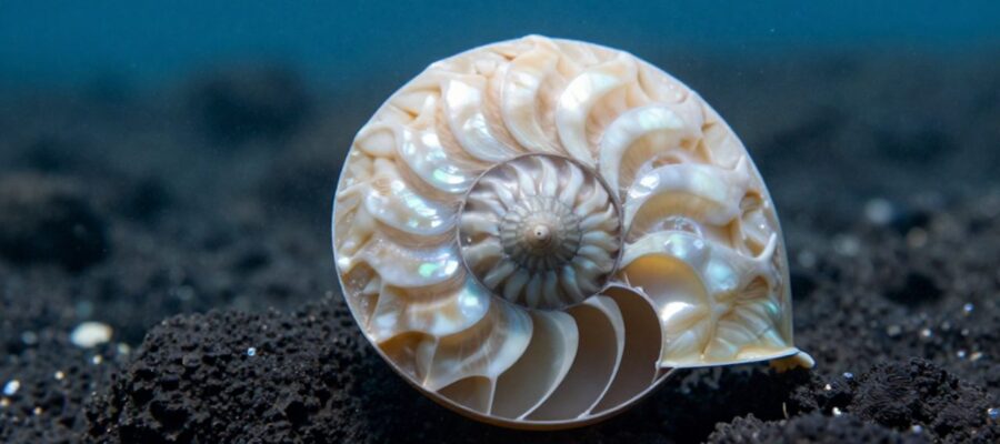 Concha de nautilo con patrones en espiral sobre una roca volcánica en un entorno marino profundo.