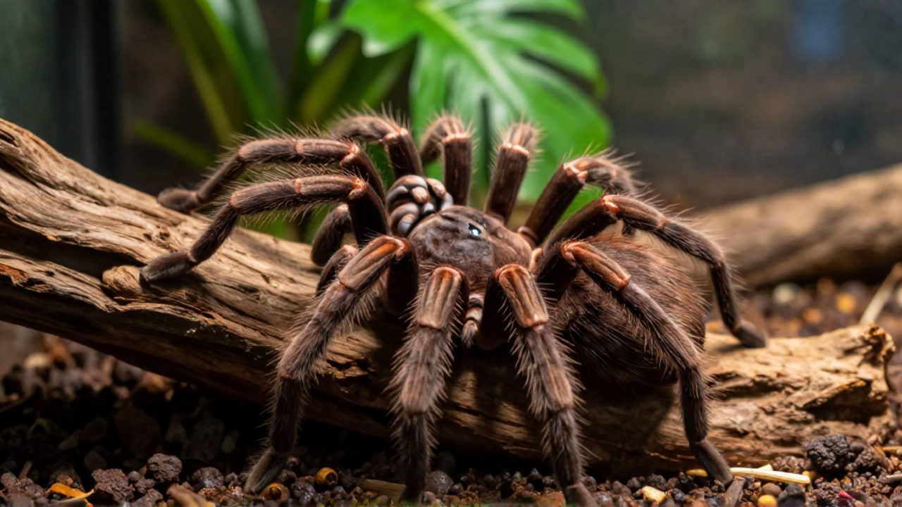 Tarántula de colores tierra descansando sobre madera dentro de un terrario con vegetación tropical.