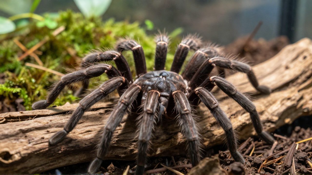 Tarántula de tonos marrones descansando tranquilamente sobre un tronco de madera dentro de su terrario.