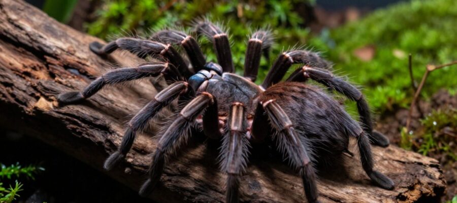 Tarántula de gran tamaño posada sobre un trozo de madera dentro de un terrario con musgo y suelo natural.