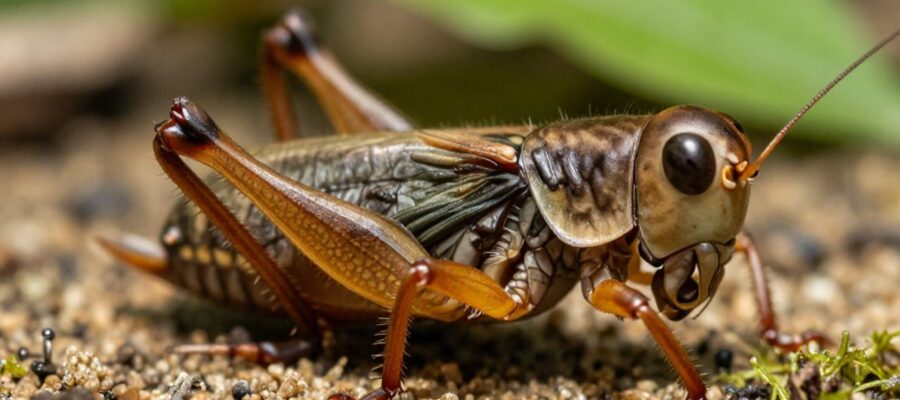 Primer plano macro de la pata trasera de un grillo sobre la superficie de un bosque, mostrando la estructura robusta del fémur y la tibia con sus detalles anatómicos.