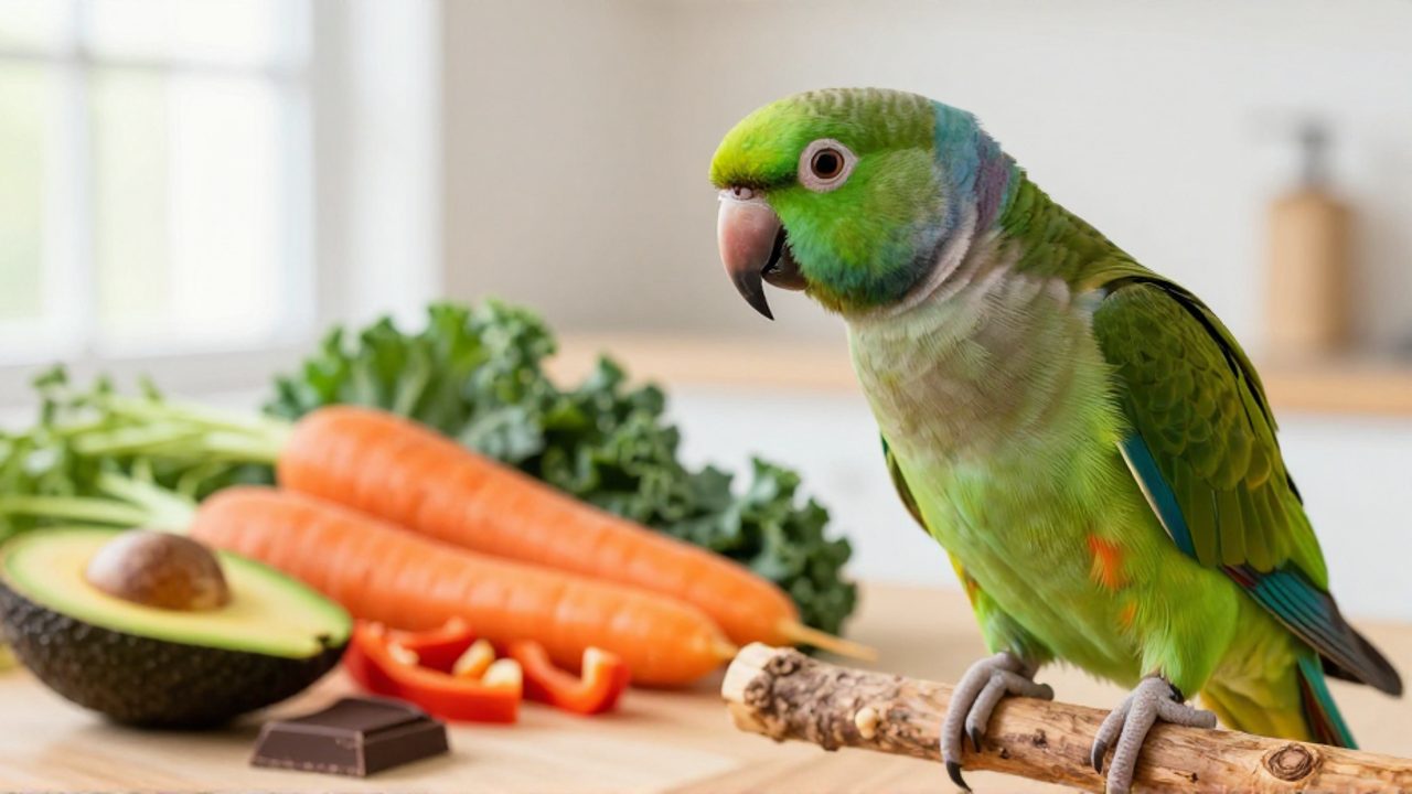 Un loro verde posado sobre una rama observa una variedad de vegetales saludables frente a alimentos peligrosos como aguacate y chocolate.