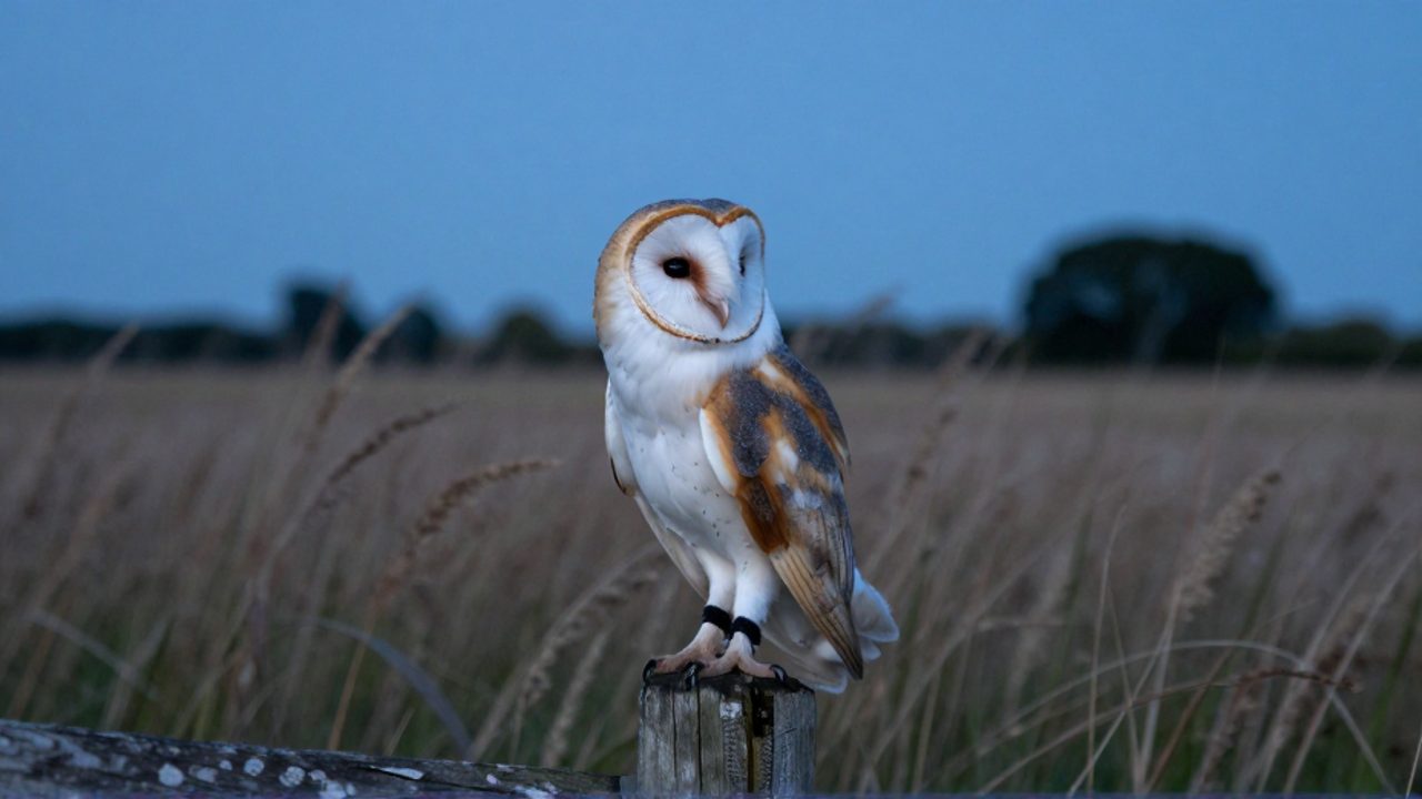 Lechuza de campanario posada sobre una valla de madera en un prado al atardecer, observando su entorno en busca de presas.