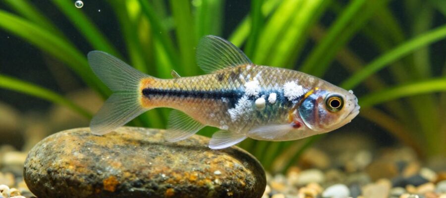 Pez tropical con filamentos blancos similares al algodón sobre sus escamas y aletas, nadando cerca de una piedra en un acuario con plantas.