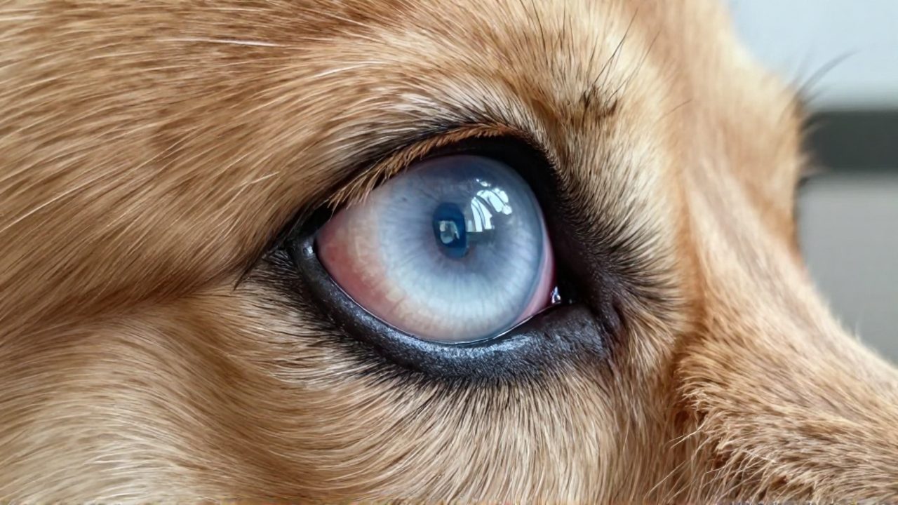 Primer plano del ojo de un perro con la córnea de apariencia turbia y blanquecina, indicando una posible patología ocular.