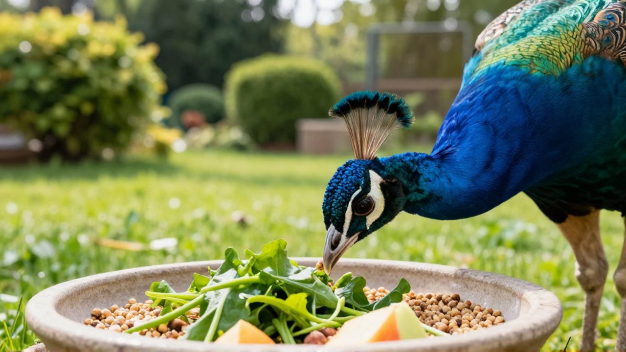 Un pavo real macho con plumaje azul brillante busca alimento en un cuenco con pellets, vegetales verdes y trozos de fruta en un jardín soleado.