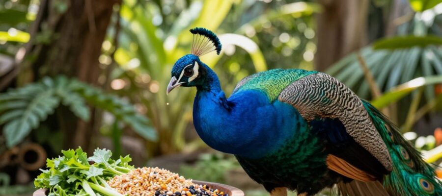 Pavo real macho alimentándose de un cuenco con granos, semillas y vegetales verdes en un jardín soleado.