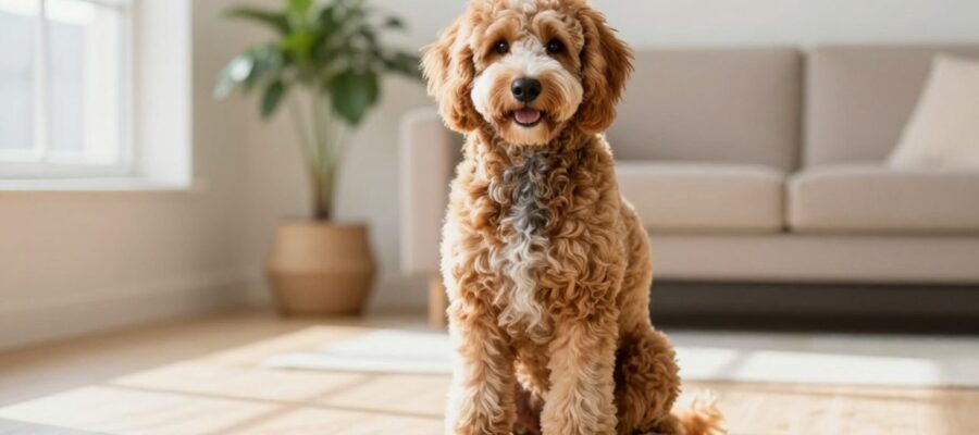 Perro Schnoodle de pelaje rizado en tonos albaricoque y gris, sentado con expresión alerta en una sala de estar luminosa.
