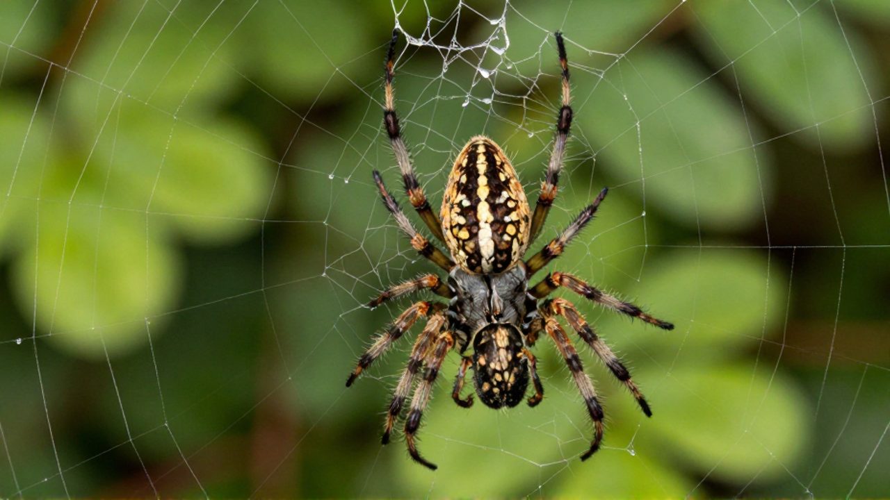 Macho pequeño posicionado sobre una hembra de mayor tamaño durante el proceso de cópula en una telaraña con gotas de rocío.
