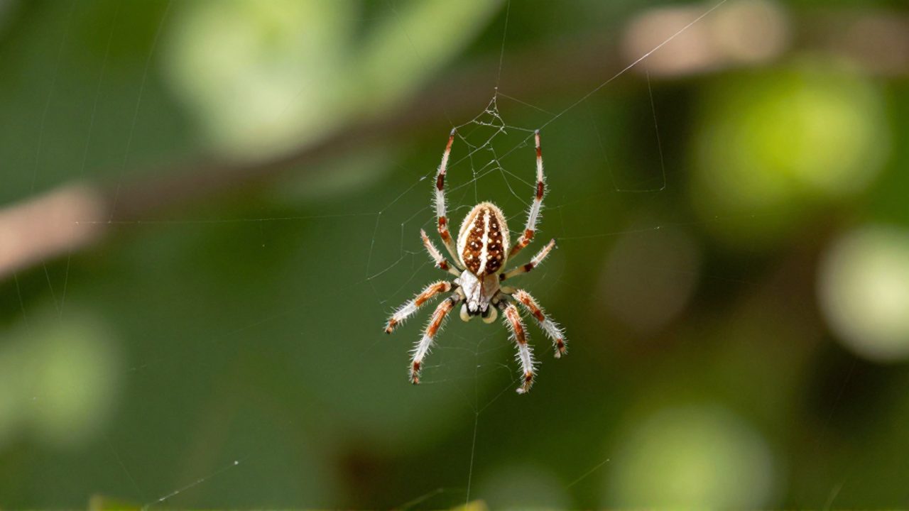 Una pequeña araña flota en el aire suspendida por finos hilos de seda sobre un fondo de follaje verde.