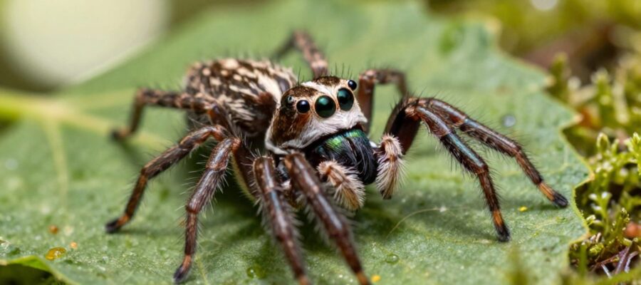 Araña saltarina macho con colores iridiscentes realiza un ritual de cortejo ante una hembra más grande sobre una hoja verde con gotas de rocío.