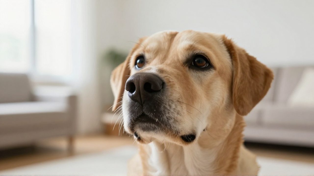 Primer plano de la nariz húmeda y el hocico de un perro con mirada atenta en un entorno doméstico.