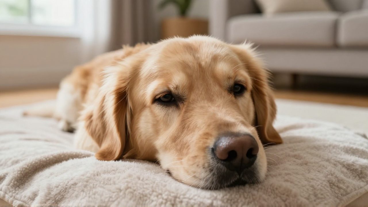 Un perro Golden Retriever descansa con semblante tranquilo sobre una manta suave en una sala de estar iluminada.