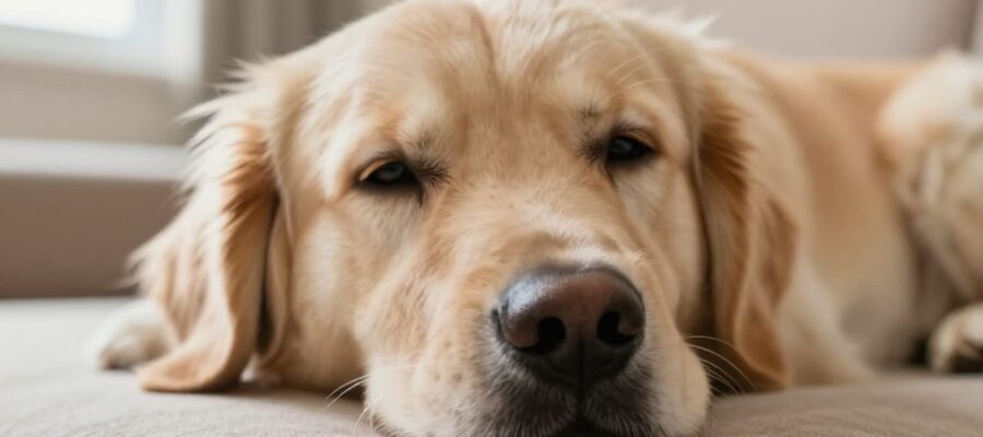 Primer plano de un perro Golden Retriever con humedad en la nariz y expresión de malestar mientras descansa en un sofá.