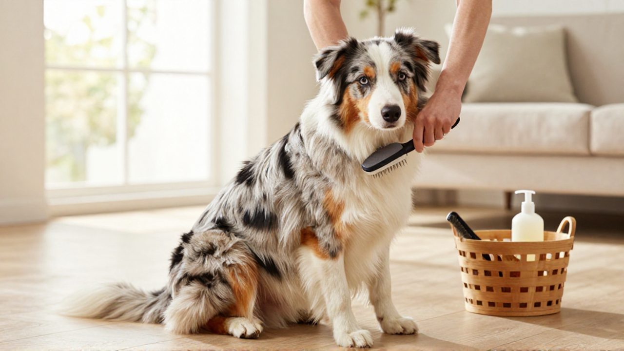 Un pastor australiano de pelaje blue merle es cepillado con un peine profesional en una sala luminosa junto a productos de limpieza para perros.