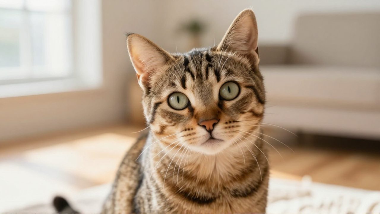 Gato atigrado con rayas marcadas mira con curiosidad hacia la cámara en una sala iluminada por el sol.
