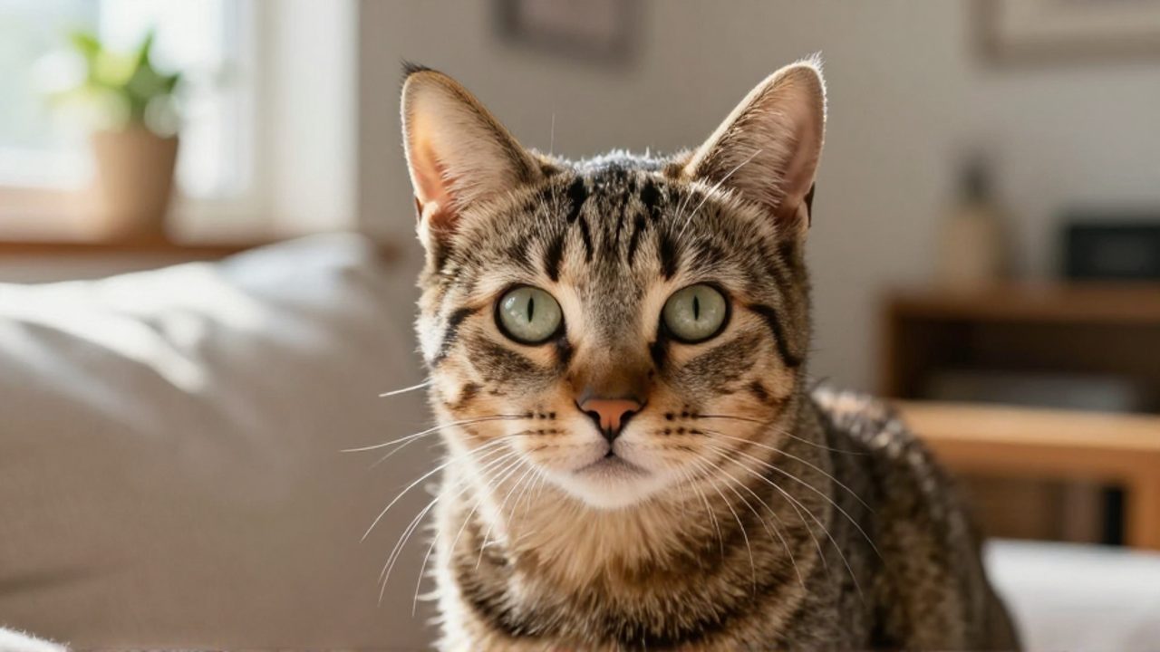 Primer plano de un gato atigrado con rayas marcadas y una expresión curiosa, sentado en una sala iluminada por el sol.