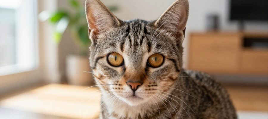 Gato de pelaje gris y crema con rayas tipo mackerel mirando fijamente a la cámara en una sala iluminada por el sol.