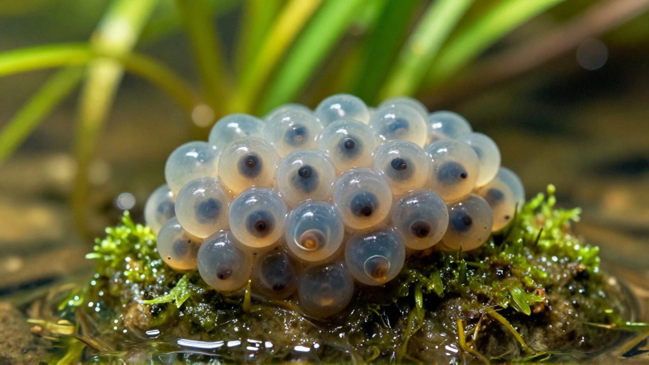 Grupo de huevos de anfibio translúcidos con embriones de renacuajos en desarrollo sobre una piedra con musgo bajo el agua clara.