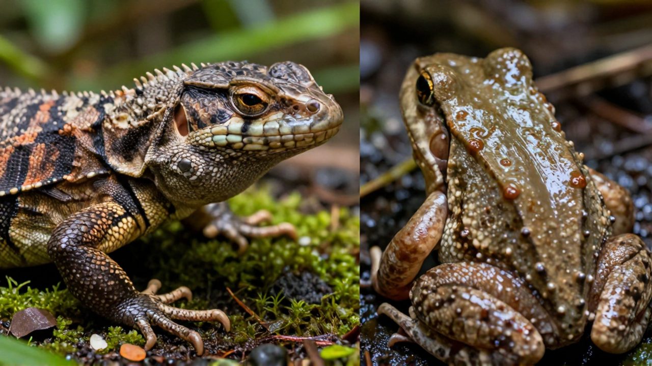 Comparativa detallada entre la piel seca y escamosa de un lagarto frente a la piel húmeda y brillante de una rana.