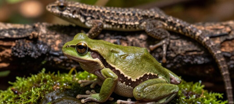 Una pequeña rana de piel húmeda y brillante sobre una piedra con musgo junto a un lagarto de escamas secas sobre la corteza de un árbol.