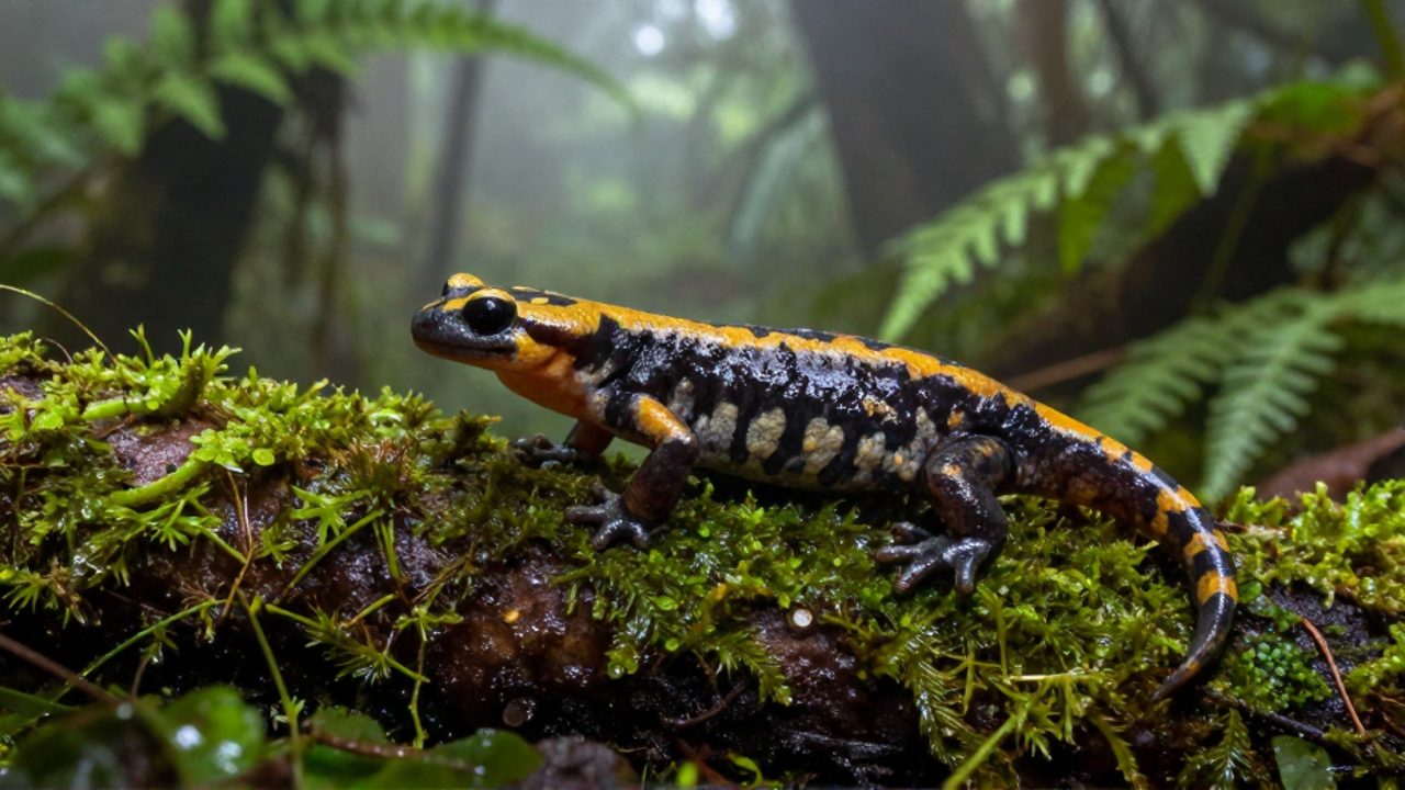 Una salamandra de colores llamativos descansa sobre una rama cubierta de musgo en un bosque de niebla.